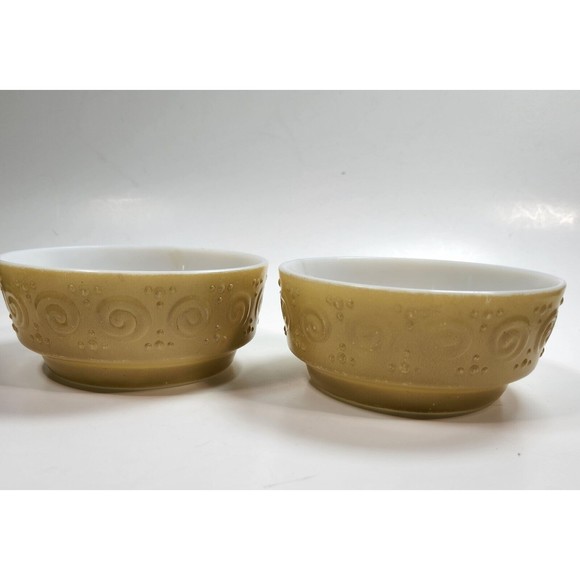 Vintage Milk Glass Mustard Yellow Bowls Embossed Swirl 5- inch Lot of 2 Retro - Picture 5 of 10